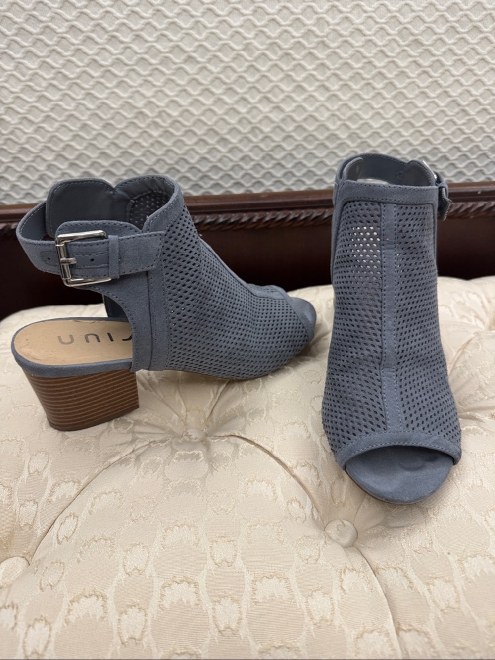 Unisa Gray Perforated Open-Toe Block Heel Sandals. Terrific gray-blue color.